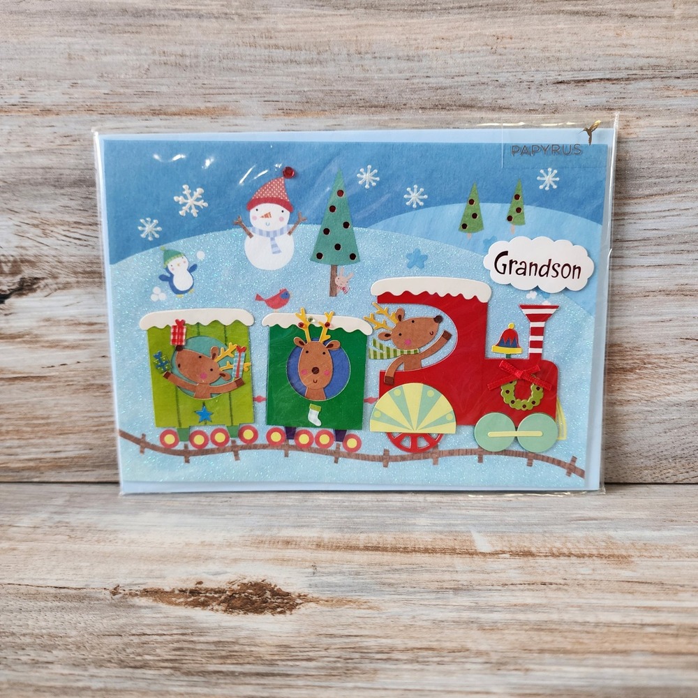 Papyrus Christmas Card Grandson Holiday Train Reindeer Snowman 07053711